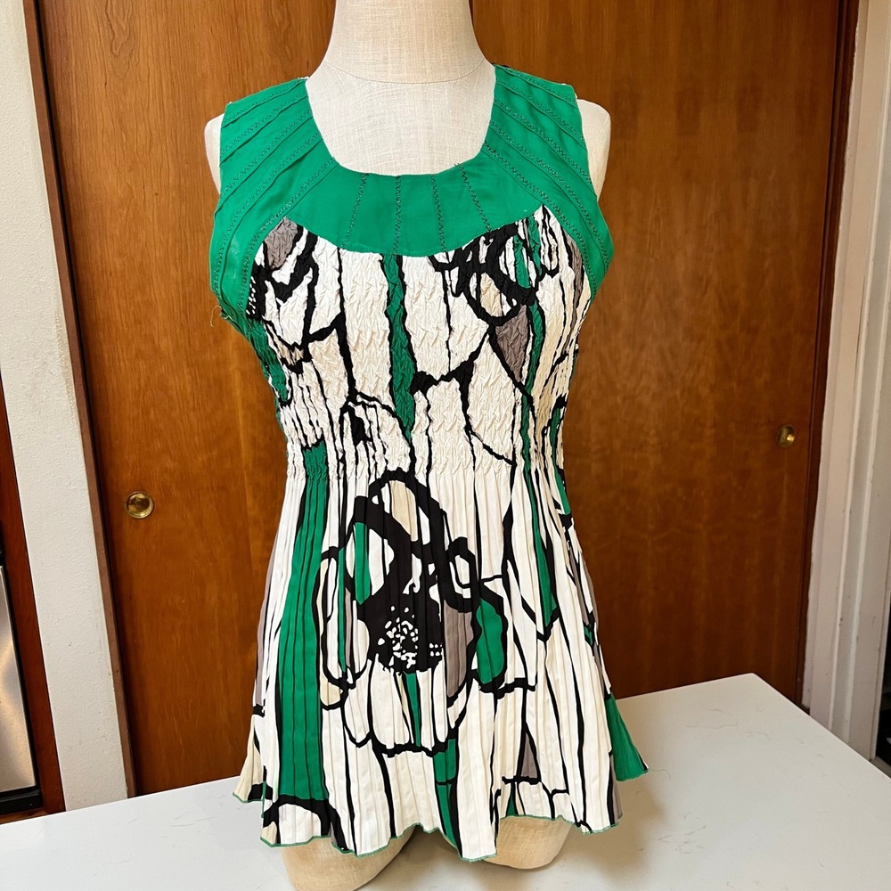 Alberto Makali Green Floral Crinkle Popcorn Pleated Sleeveless Tunic Top Women L